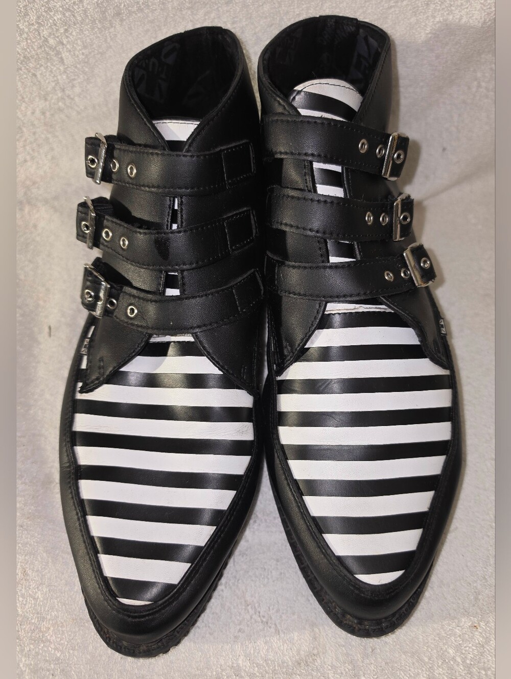 T.U.K Creepers  Black and White Striped Triple-Buckle Oxfords